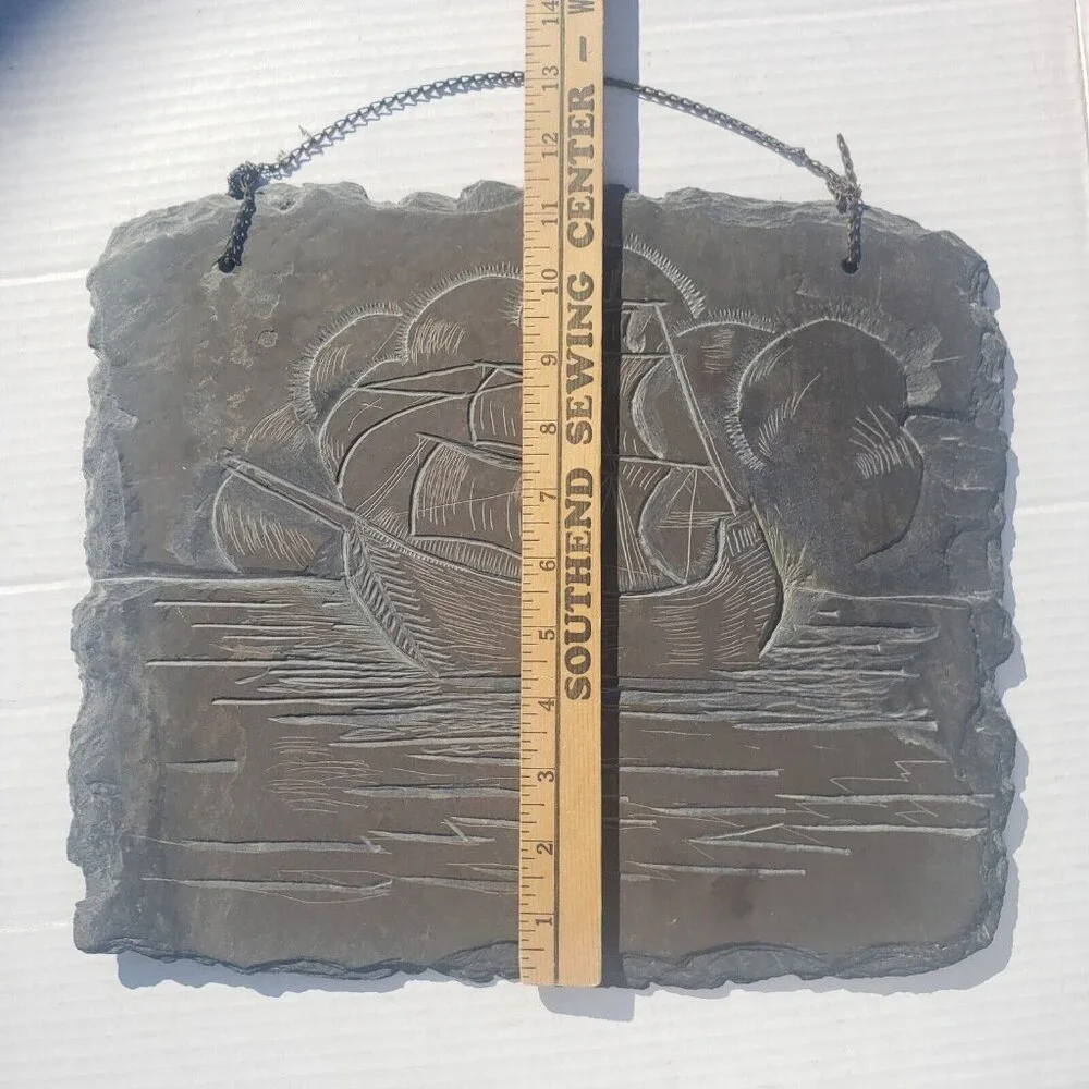 Vintage Slate Etching Ship Sail Boat Sailing‎ Vessel Barque Schooner Nautical